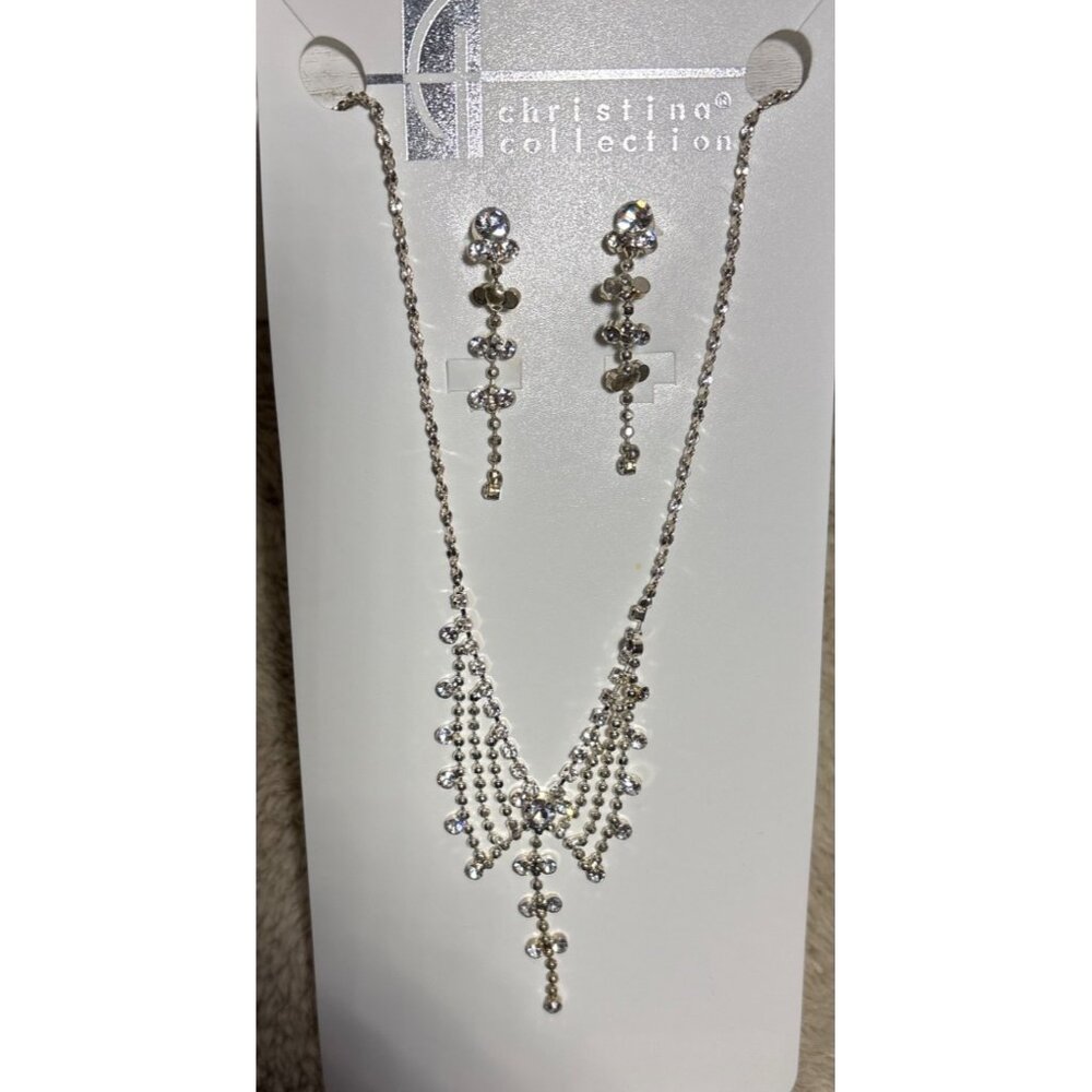 Christina Collection Necklace & Earrings Set Angel Look Elegant Silver Crystal